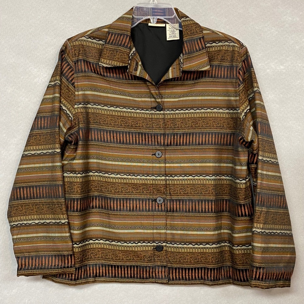 White Stag Women L Jacket Brown Tribal Aztec Vintage Boho Button Up Blazer